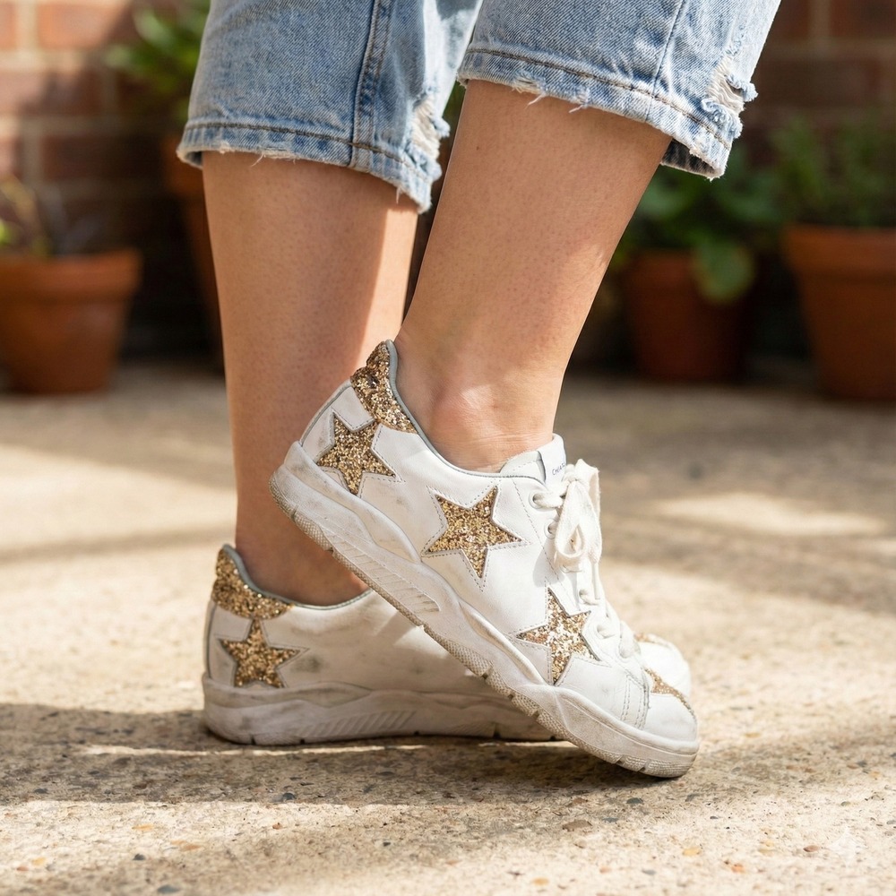 Chiara Ferragni Sneakers Womens 36 6 White Leather Glitter Star Low Top
